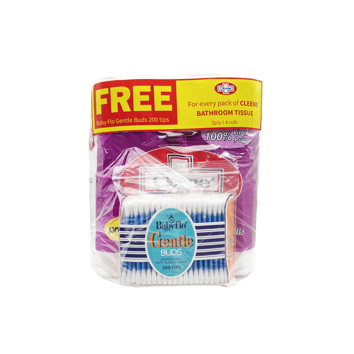 Cleene Bathroom Tissue Premium 3ply 4s + FREE Babyflo Gentle Buds 200s